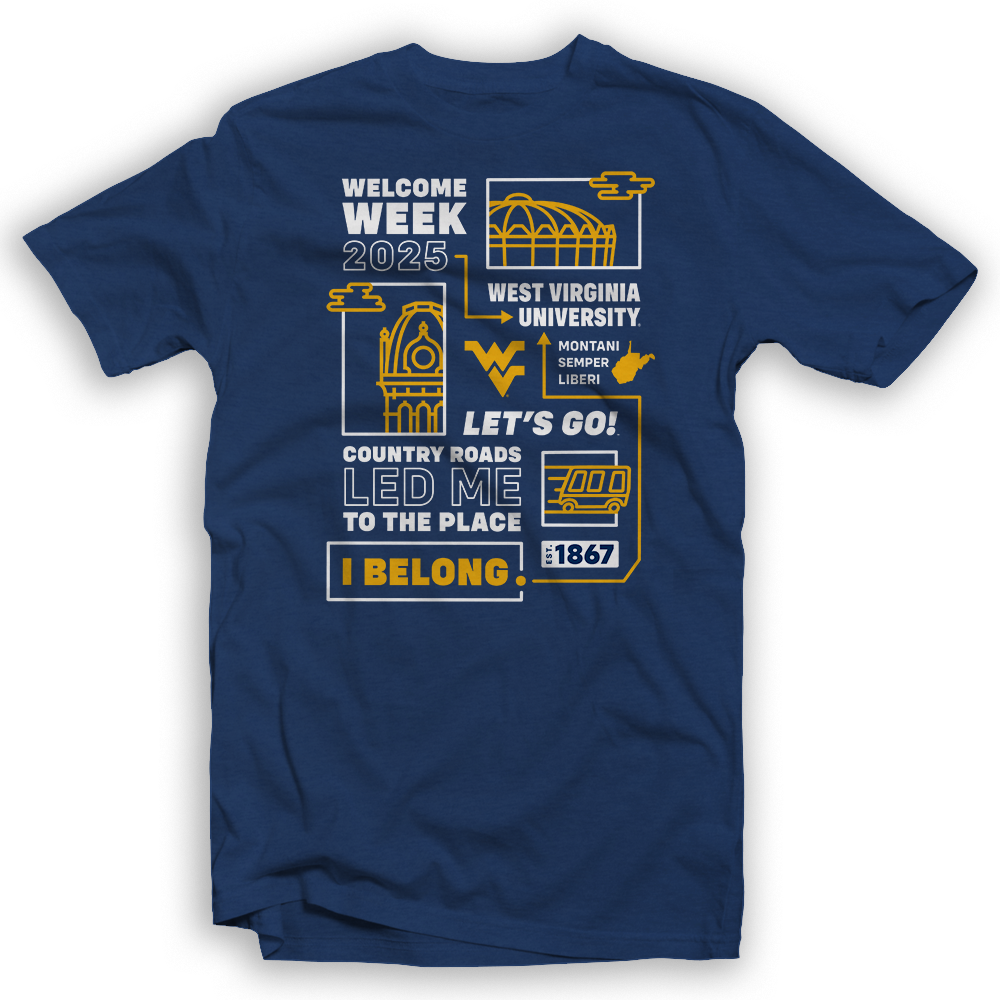 A blue tshirt with line illustrations of the WVU Campus