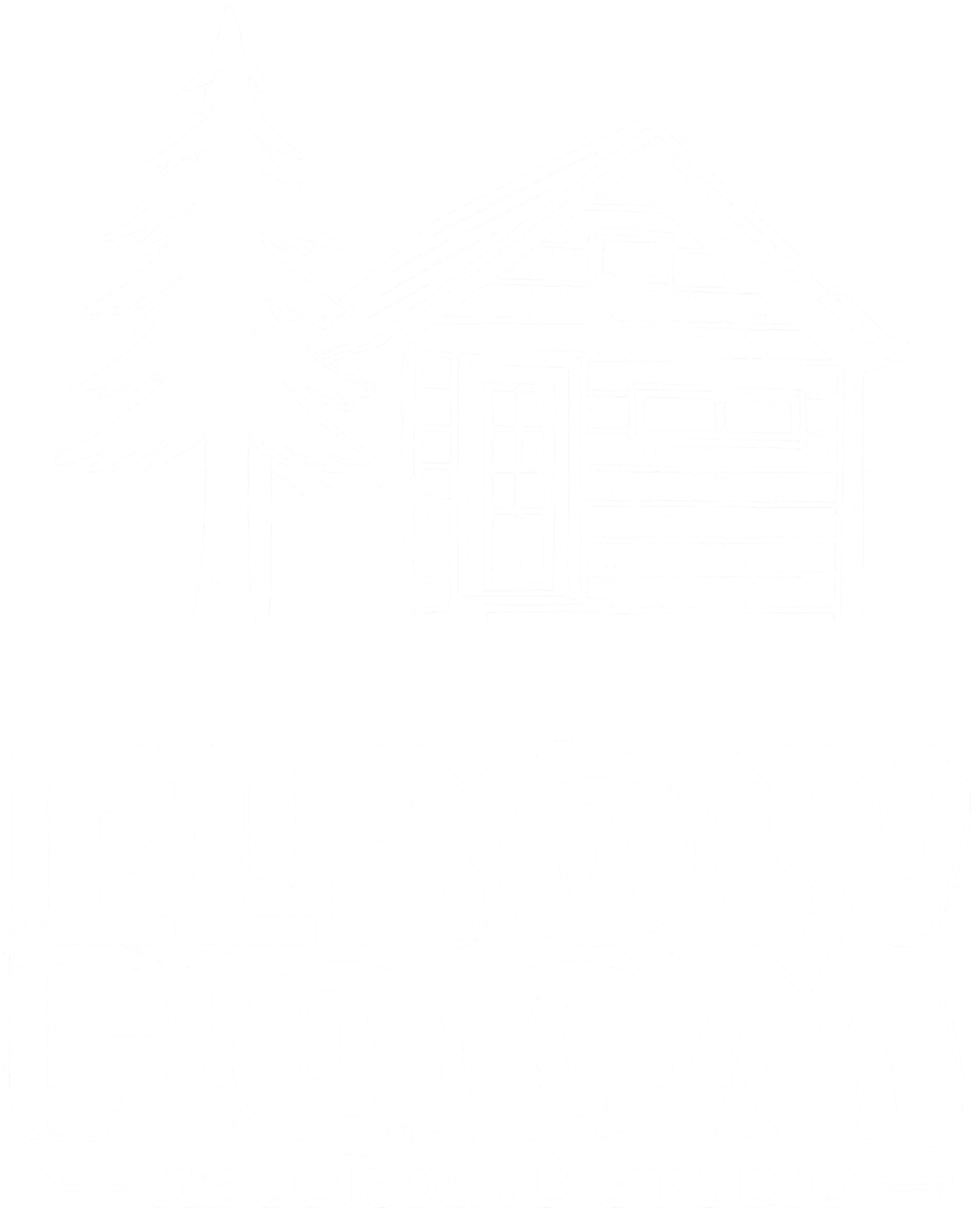 A white line drawing of a small wooden house with steps leading to the door, next to a tall pine tree, with the words "ELBOW ROOM RECORDING STUDIO" at the bottom.