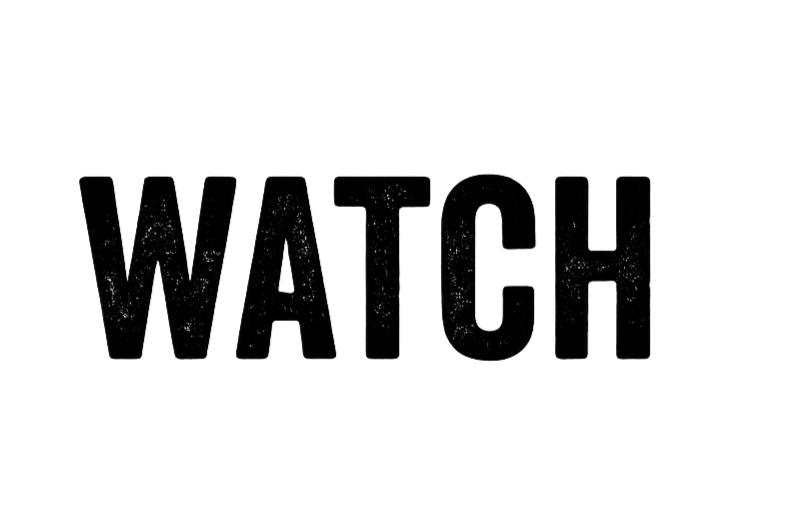 The word 'WATCH' written in black with a glittery, sparkling effect on a dark background.