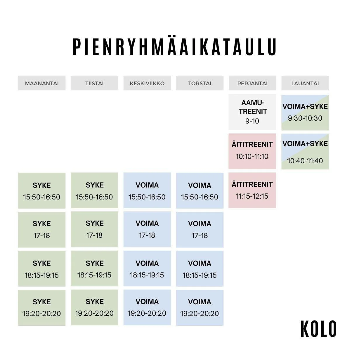 Kolon treenikalenteri elokuusta alkaen 💪🏻 Iltojen pienryhm&auml;t on t&auml;ynn&auml;, kiitos siit&auml; ty&ouml; ihanat Kololaiset 🩷 Perjantain &auml;ititreeneiss&auml; on muutamia paikkoja vapaana 😊