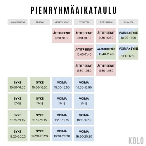 Kolon kev&auml;&auml;n pienryhm&auml;t 🤎💪🏻 N&auml;ytt&auml;&auml; upeelta! 

Vapaita paikkoja on viel&auml; muutamia:

MAANANTAI klo 19.20-20.20 syketreeni (helmikuusta alkaen)

TIISTAI klo 15.50-16.50 syketreeni (tammikuusta alkaen)

KESKIVIIKKO 