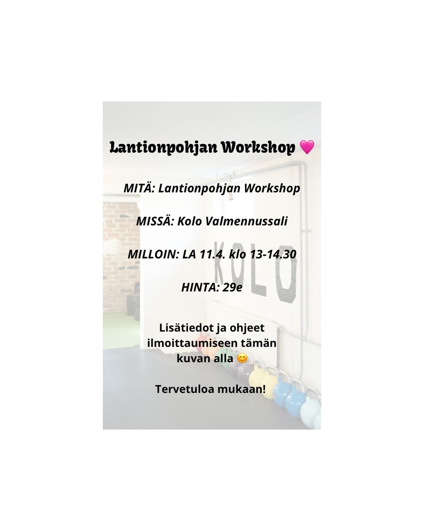 On aika julkaista Kolon toinen WORKSHOP 🩷🥳 

LAUANTAINA 11.4. klo 13-14.30
  Lantionpohjan Workshop🩷

Lantionpohjan workshopissa k&auml;yd&auml;&auml;n l&auml;pi mit&auml; lantionpohja tarkoittaa ja miksi lantionpohjasta on t&auml;rke&auml; pit&au