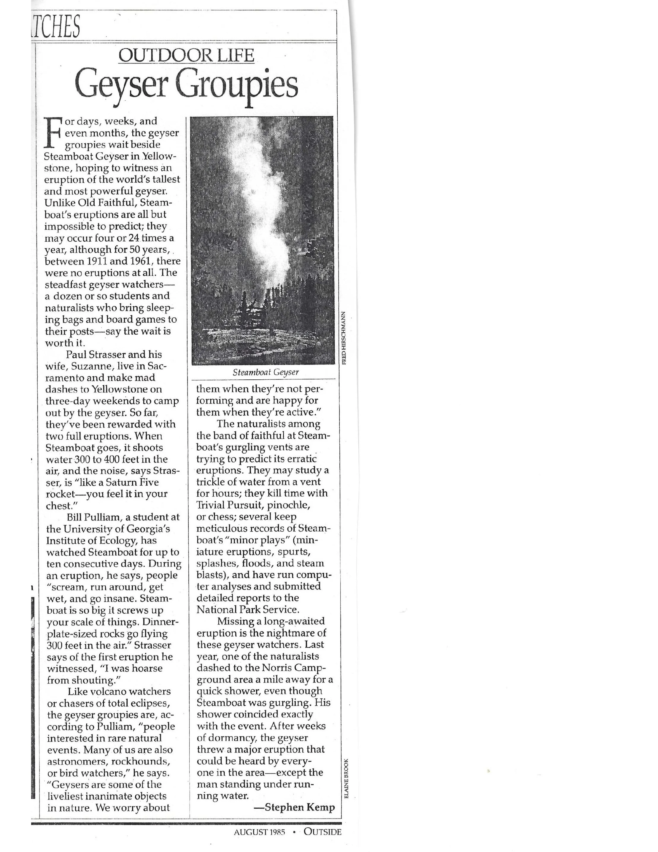 Newspaper article titled 'Geyser Groupies' in the outdoor life section, discussing geyser eruptions at Yellowstone. Includes a black-and-white photo of Steamboat Geyser, with a caption. The article mentions geyser watchers, naturalists, and eruptions at Yellowstone.