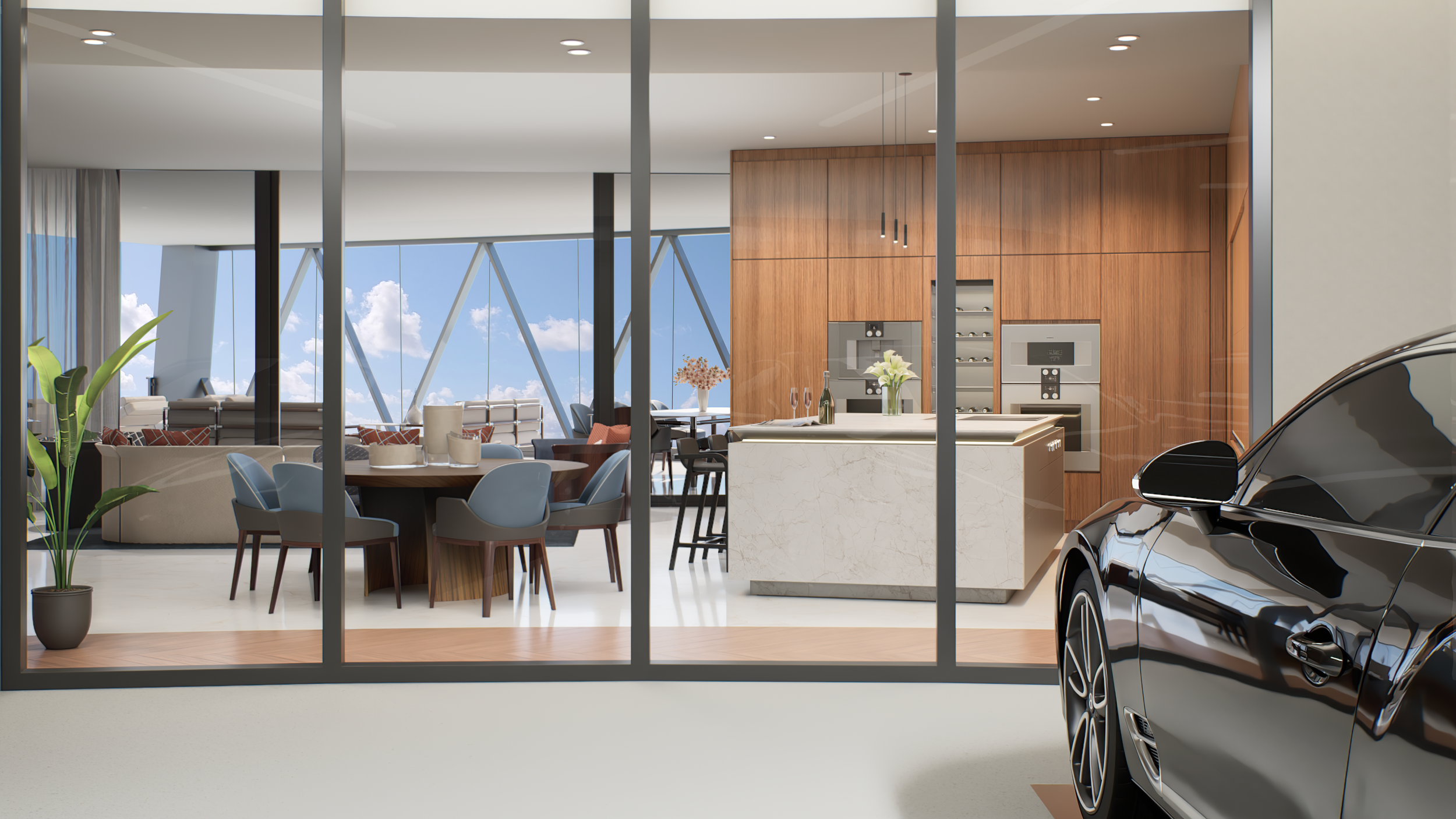 Modern living room and kitchen seen through a glass wall from a garage with a black car in the foreground. The space features a round dining table with blue chairs, a marble kitchen island, and wooden cabinetry, with large windows showing a blue sky with clouds.