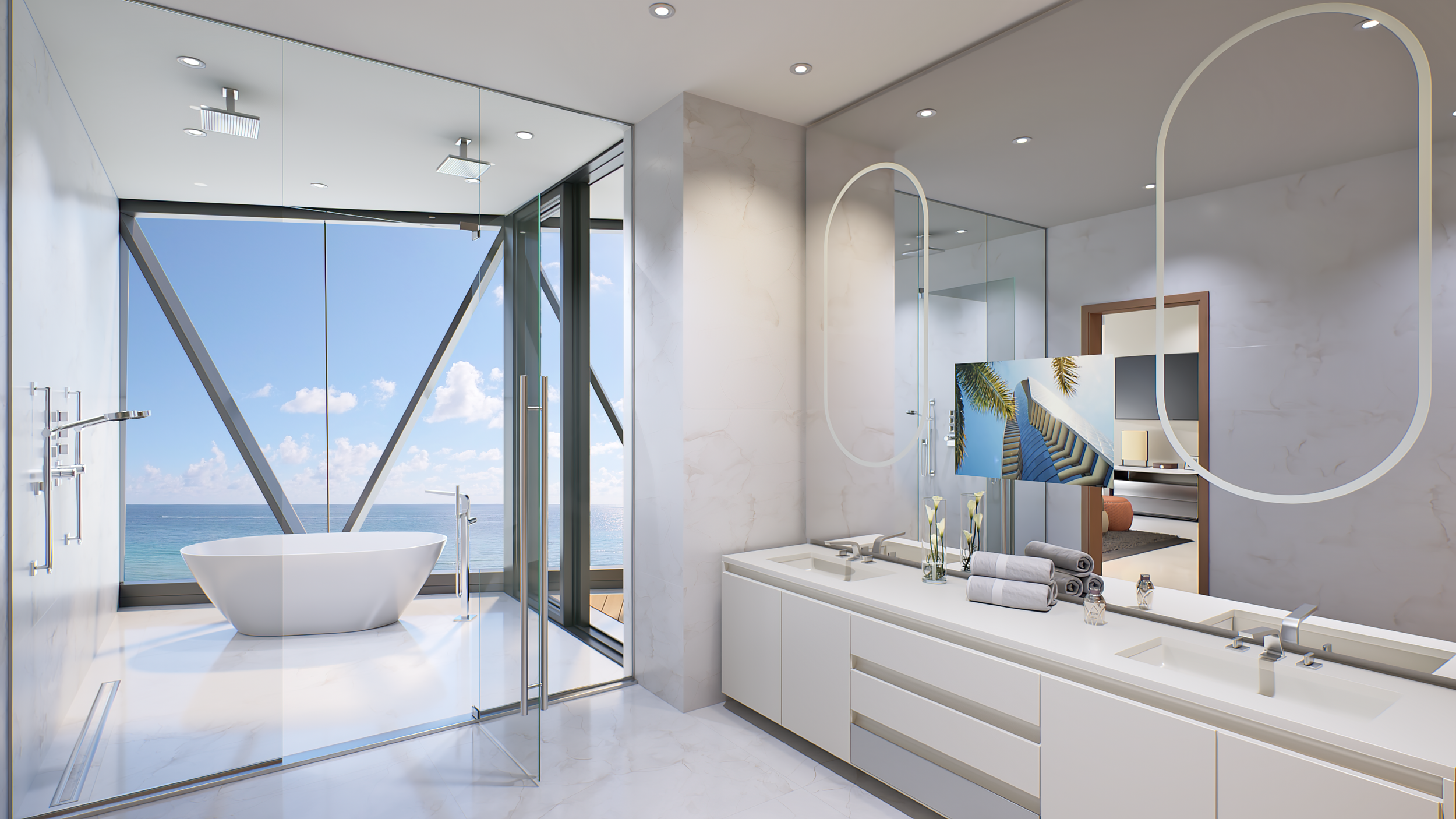 Modern bathroom with a freestanding bathtub overlooking the ocean through floor-to-ceiling windows, white marble floors, a double sink vanity with neatly folded towels, and minimalistic decor.