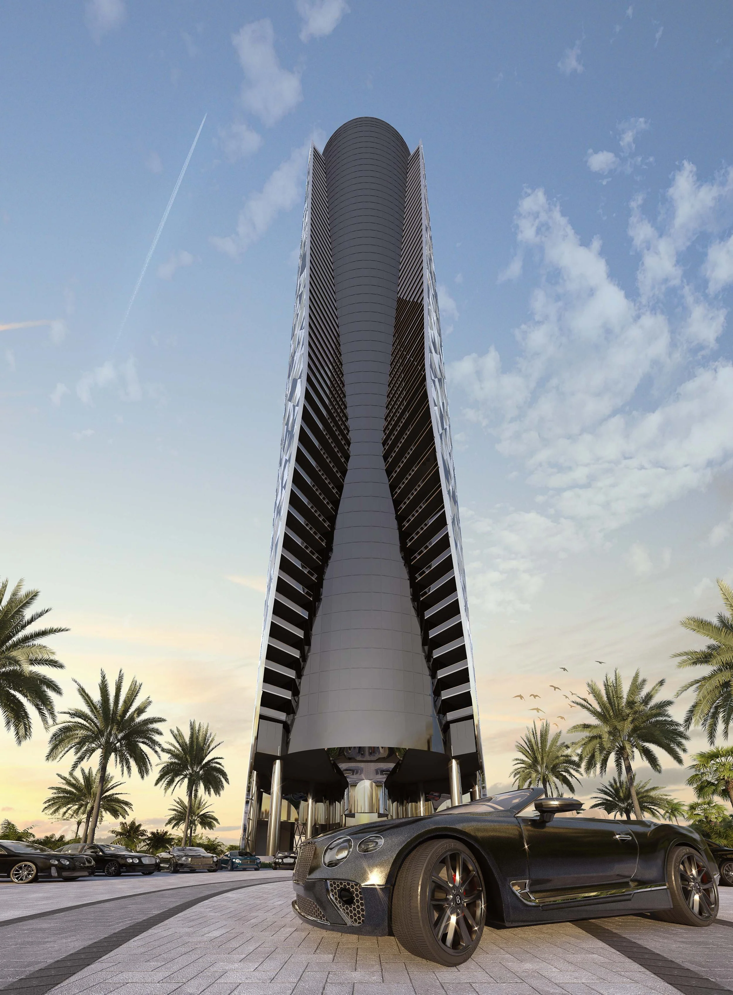 A tall modern skyscraper with a curved, dark facade surrounded by palm trees and a parking lot with luxury cars, including a black Bentley convertible in the foreground.