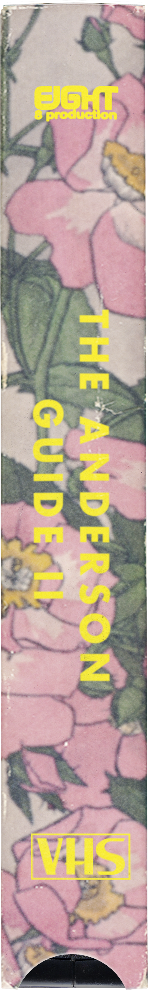 Close-up of a floral pattern background with yellow text reading "EIGHT production" at the top and vertically aligned yellow text reading "THE ANDERSON GUIDE 2" in the middle, and yellow "VHS" text in a box at the bottom.