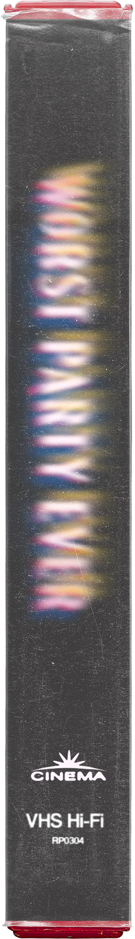 Vertical VHS tape with rainbow-colored text spelling 'VHS' and the words 'CINEMA' and 'VHS Hi-FI' at the bottom.