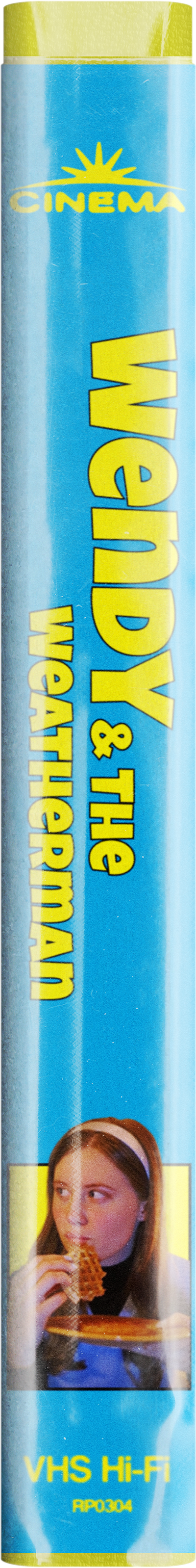 A blue and yellow package of candy called "Wendy & The Weatherman" with a picture of a woman eating waffles at the bottom.