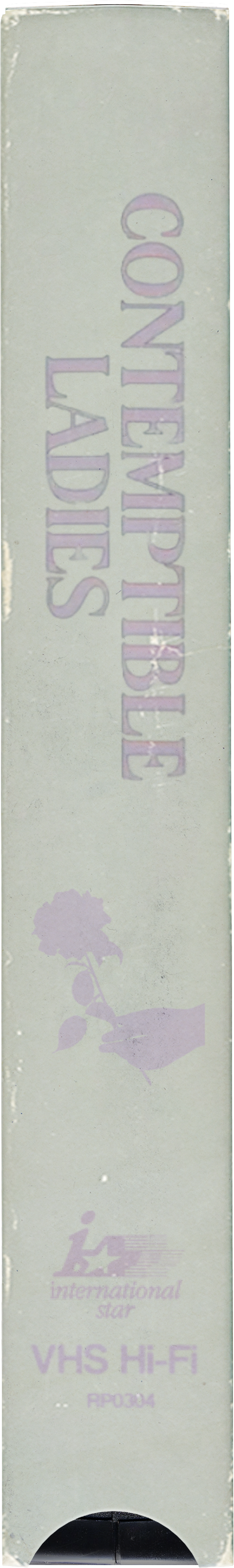 Vertical image of a VHS tape with the label 'Contemptible Ladies' and a purple flower illustration. Text also includes 'international star', 'VHS Hi-Fi', and a code 'AP0034'.