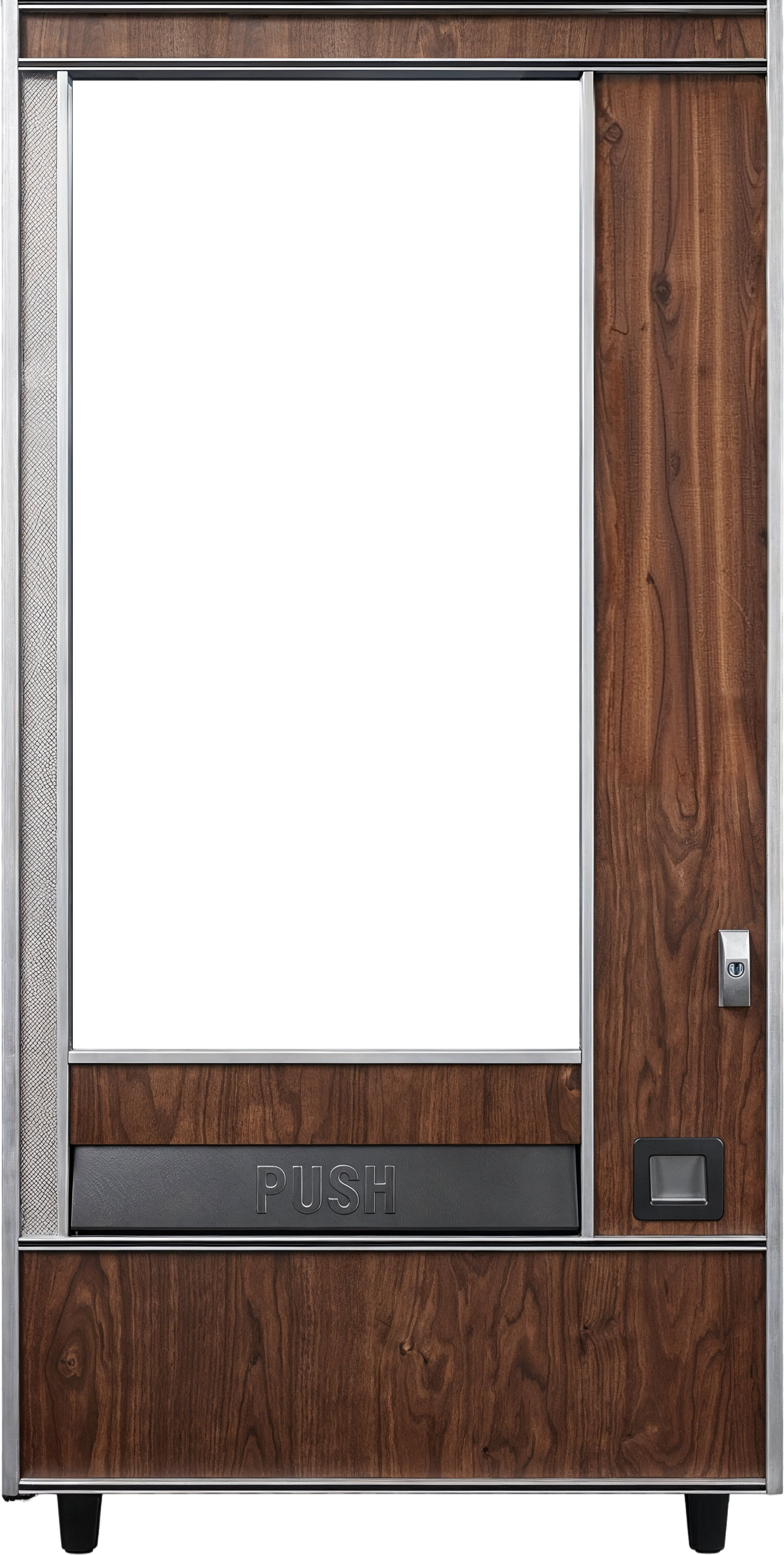 Vending machine with wood paneling, black screen, and a push button at the bottom.