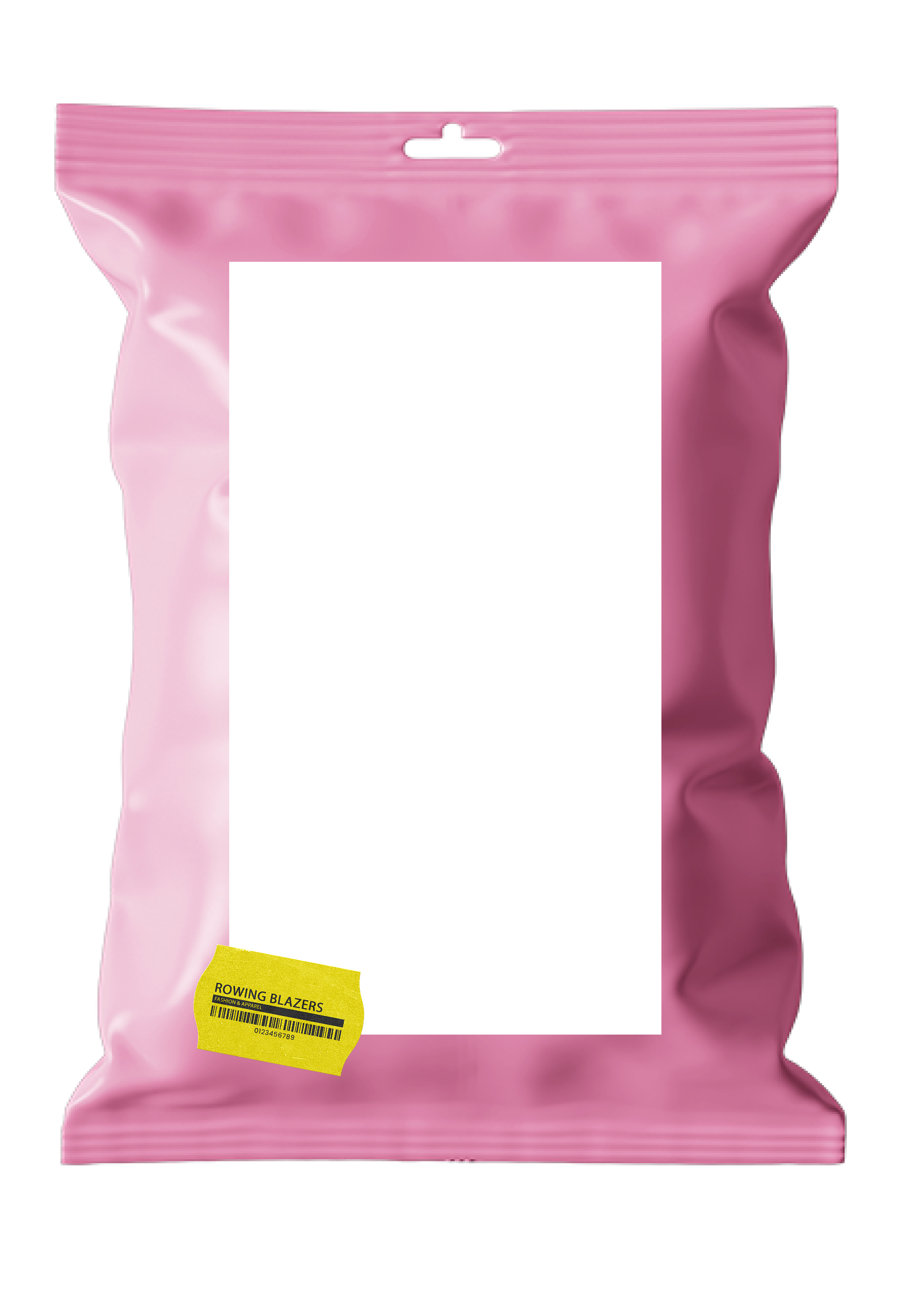 Pink resealable pouch with a yellow barcode sticker labeled 'Rowing Blazers Fashion & Apparel' and a hidden rectangular area likely for branding or product information.
