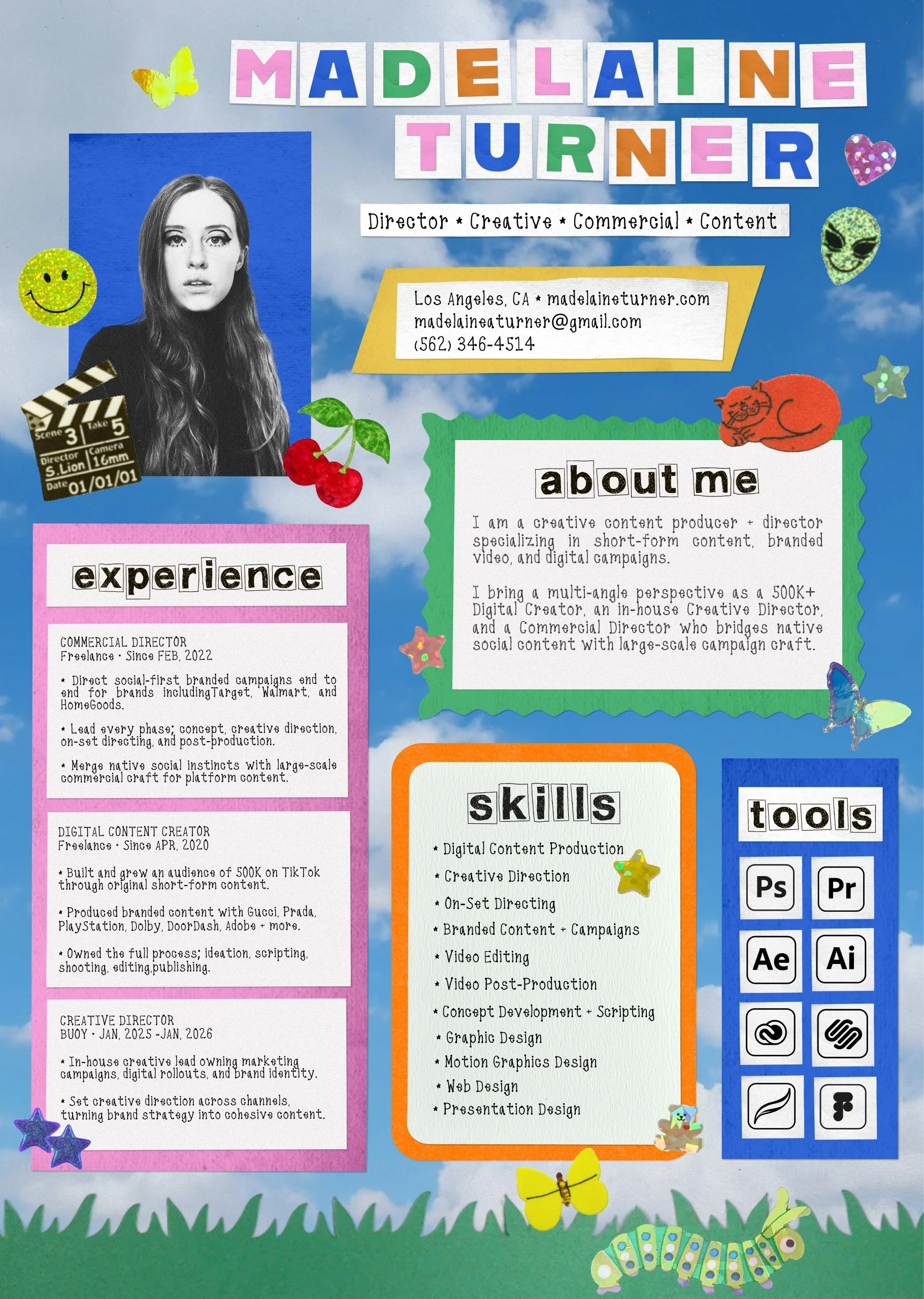 Colorful business card with the name Madeline Turner, who is a director specialized in creative, commercial, and content projects. The card includes contact information, a black-and-white photo of Madeline, and decorative elements like a butterfly, stars, a caterpillar, cherries, a smiling face, an alien, a spaceship, and various icons representing skills and tools related to digital content creation and editing.