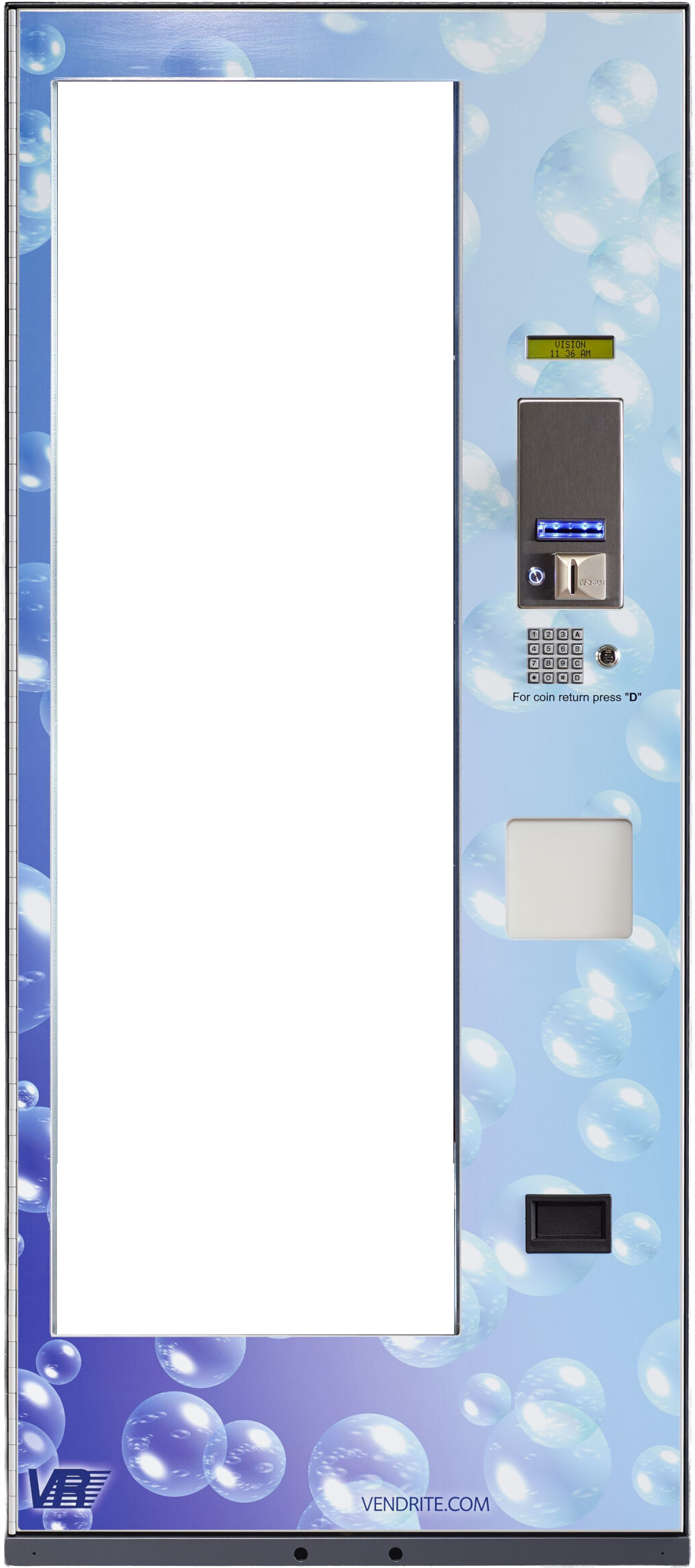 A bubble-themed vending machine with a digital display, keypad, coin slot, and a panel for product dispensing.