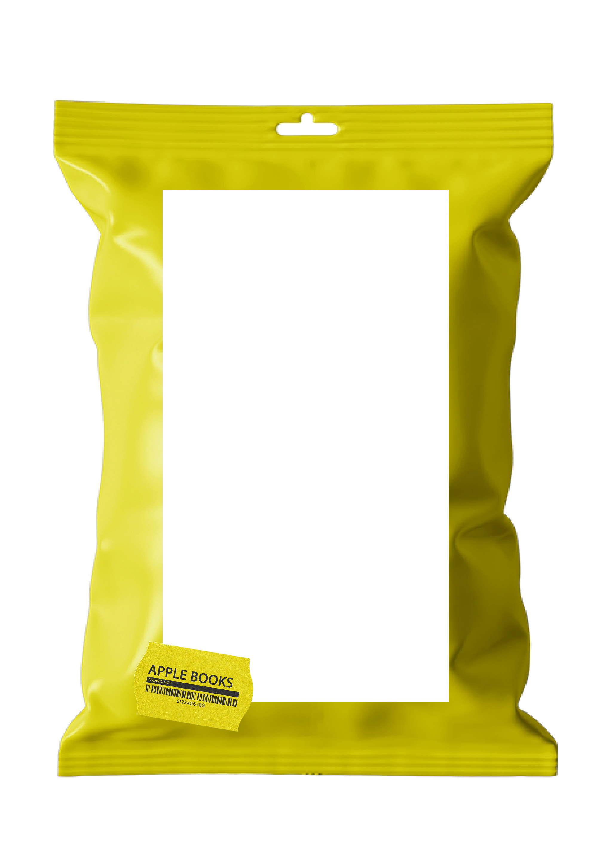 A yellow bag of Apple Books with a barcode sticker and a label reading 'Apple Books' at the bottom.