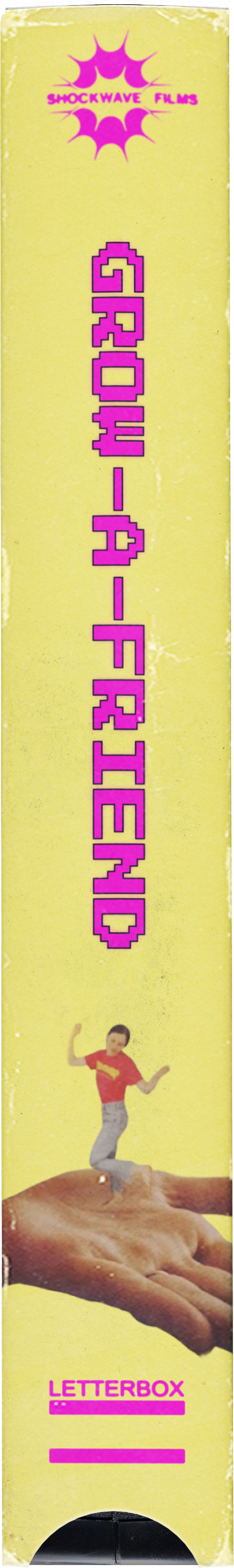 A yellow box with pink text and graphics, featuring the words 'SHOCKWAVE FILMS' with a starburst design, the vertical text 'GROW-A-FRIEND,' a small image of a child standing on a large hand, and the word 'LETTERBOX' beneath.