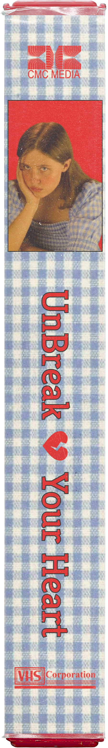VHS cassette tape with a blue and white checkered pattern, featuring a photo of a girl with long hair resting her face on her hand, red text saying "UnBreak Your Heart," with a red logo of a heart and the text "VHS Corporation" at the bottom.