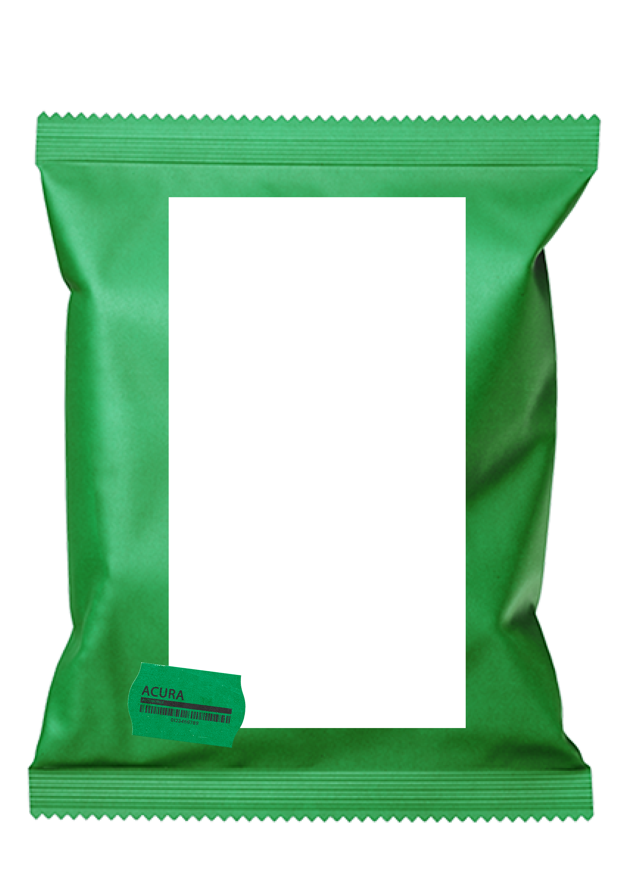 A green packet of gum with a barcode and a label that says 'ACURA' on the bottom left corner.