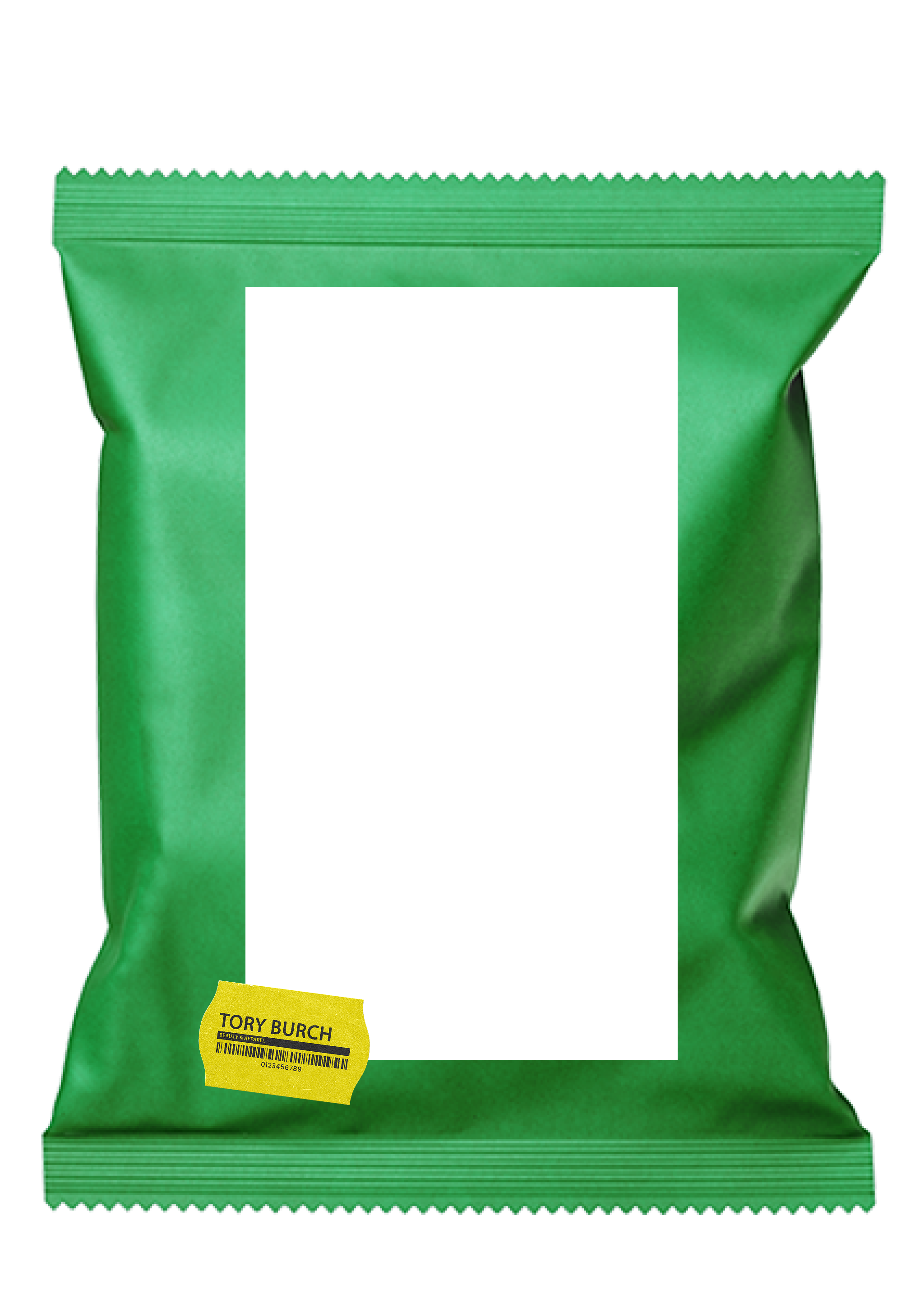 Green packet with a yellow label reading 'Tory Burch' and barcode.