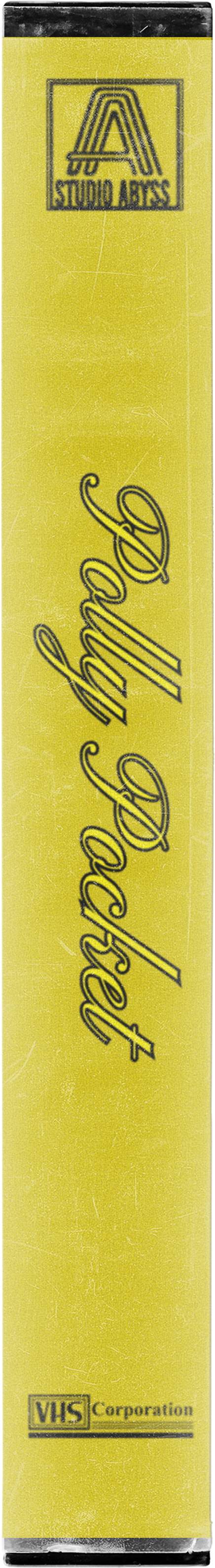 A yellow cassette tape with black text and logo, including 'Studio Aces' at the top and 'Polly Pocket' written diagonally in cursive, with a VHS Corporation logo at the bottom.