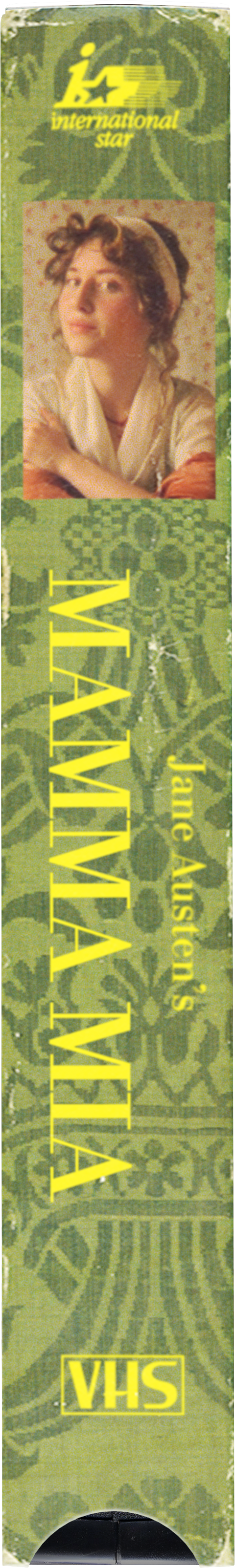 A VHS tape titled "Emma" featuring a young woman with curly hair and a beige headband, set against a patterned green background with the film's title in yellow text.
