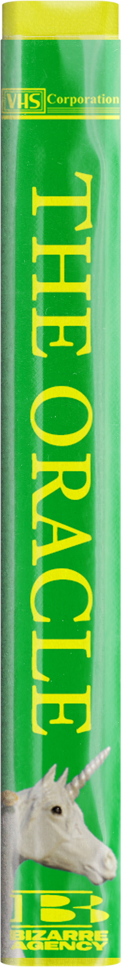 Close-up of a green roll of tape with the words "THE ORACLE" in large yellow letters, a small logo reading "VHS Corporation" at the top, and a unicorn head illustration at the bottom, alongside the yellow text "BB Bizarre Agency."