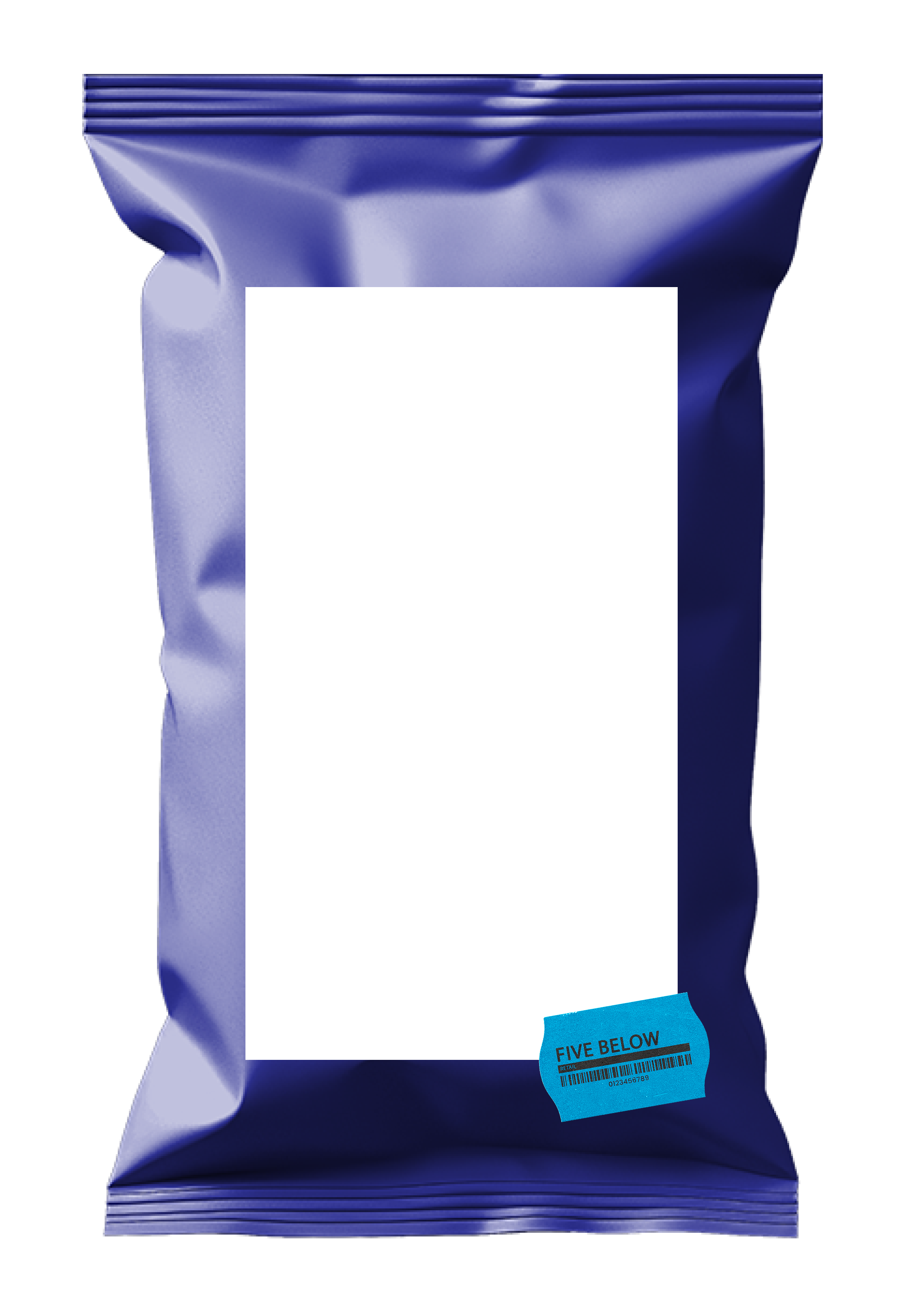 Blue metallic or glossy sealed bag with a small blue label that says 'FIVE BELOW' and a barcode. The bag appears to be crumpled or folded.