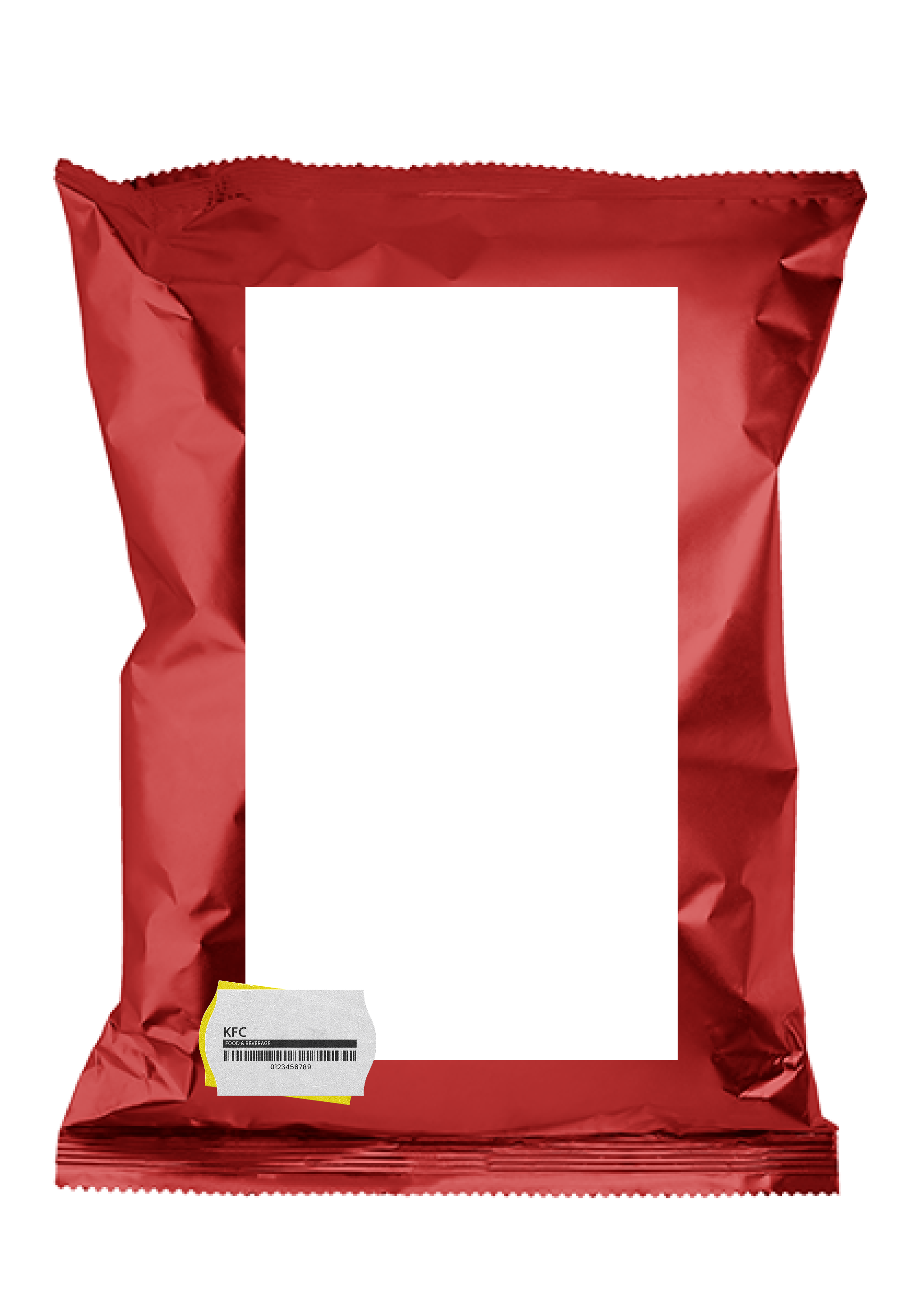 Red crinkled packaging with a white barcode label and a small yellow corner.