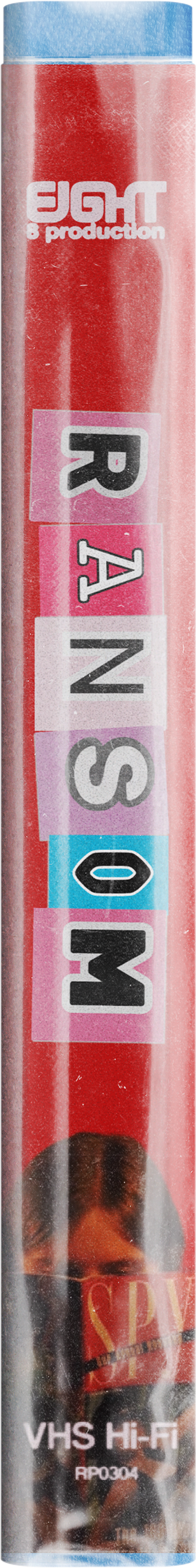 Vertical VHS tape with a red background, features the title 'RANSOM' in colorful block letters and logos for 'EIGHT & production' at the top, and 'VHS Hi-Fi' and catalog number at the bottom.