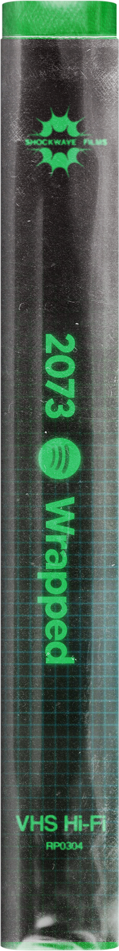 Black and green VHS tape case with a green cap, labeled with Shockwave Films, 2073, Spotify logo, and the words 'Wrapped' and 'VHS Hi-Fi'.