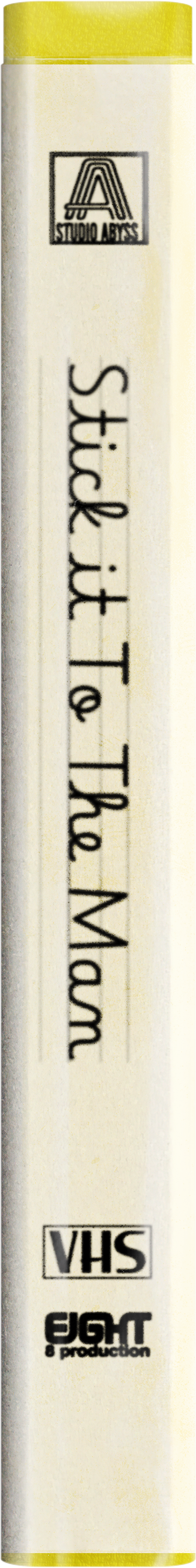 Close-up of a VHS tape label for a film titled "Stick it To The Man" with logos for Studio Archives and EIGAT 6 Production.