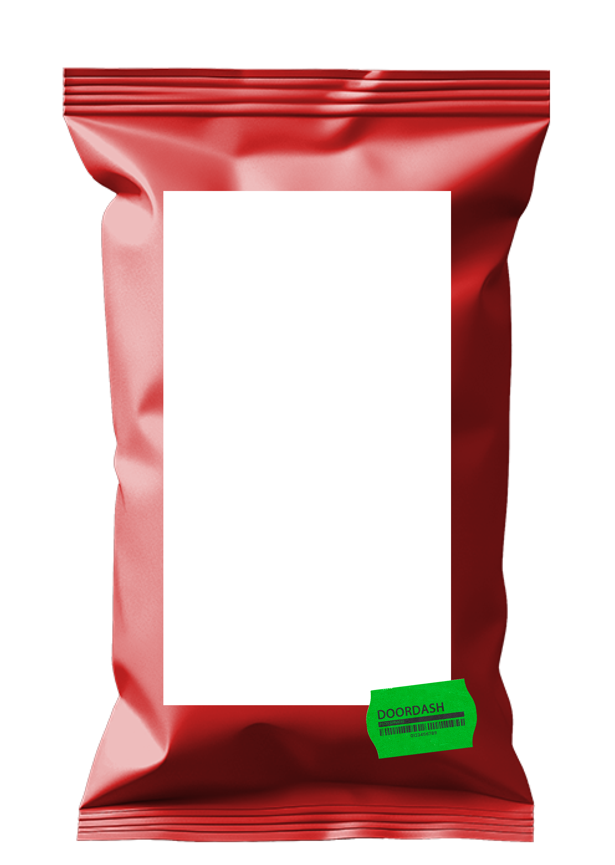 A red plastic bag with a green Doordash sticker at the bottom right corner.