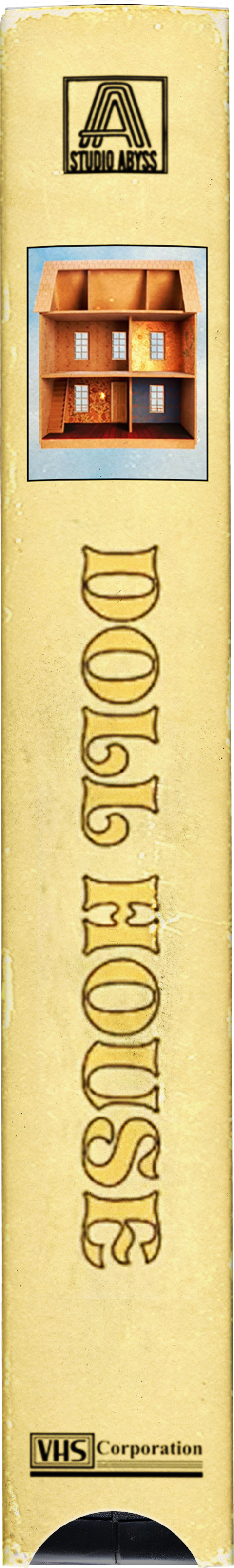 A vintage VHS tape labeled 'Studio Abyss' with the title 'Escape of Doom' and a model of a dollhouse or miniature house in the center.