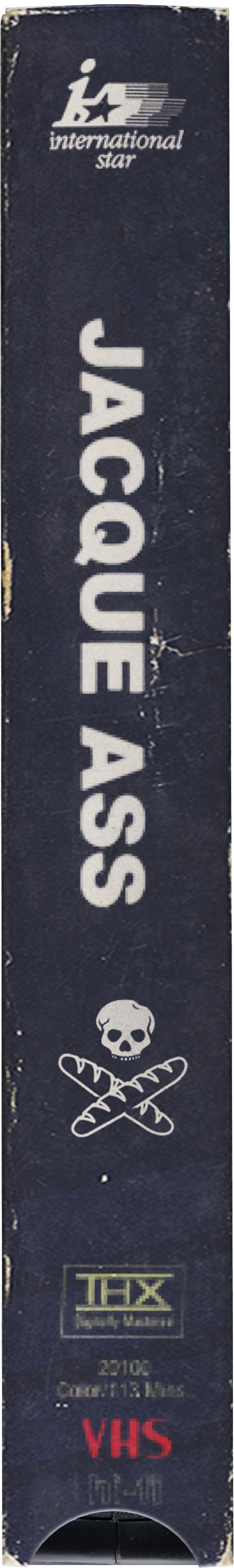 Close-up of a VHS tape label with the title 'JACQUE A SSS' featuring a skull and knives illustration, and logos for International Star and Tex Video Market.