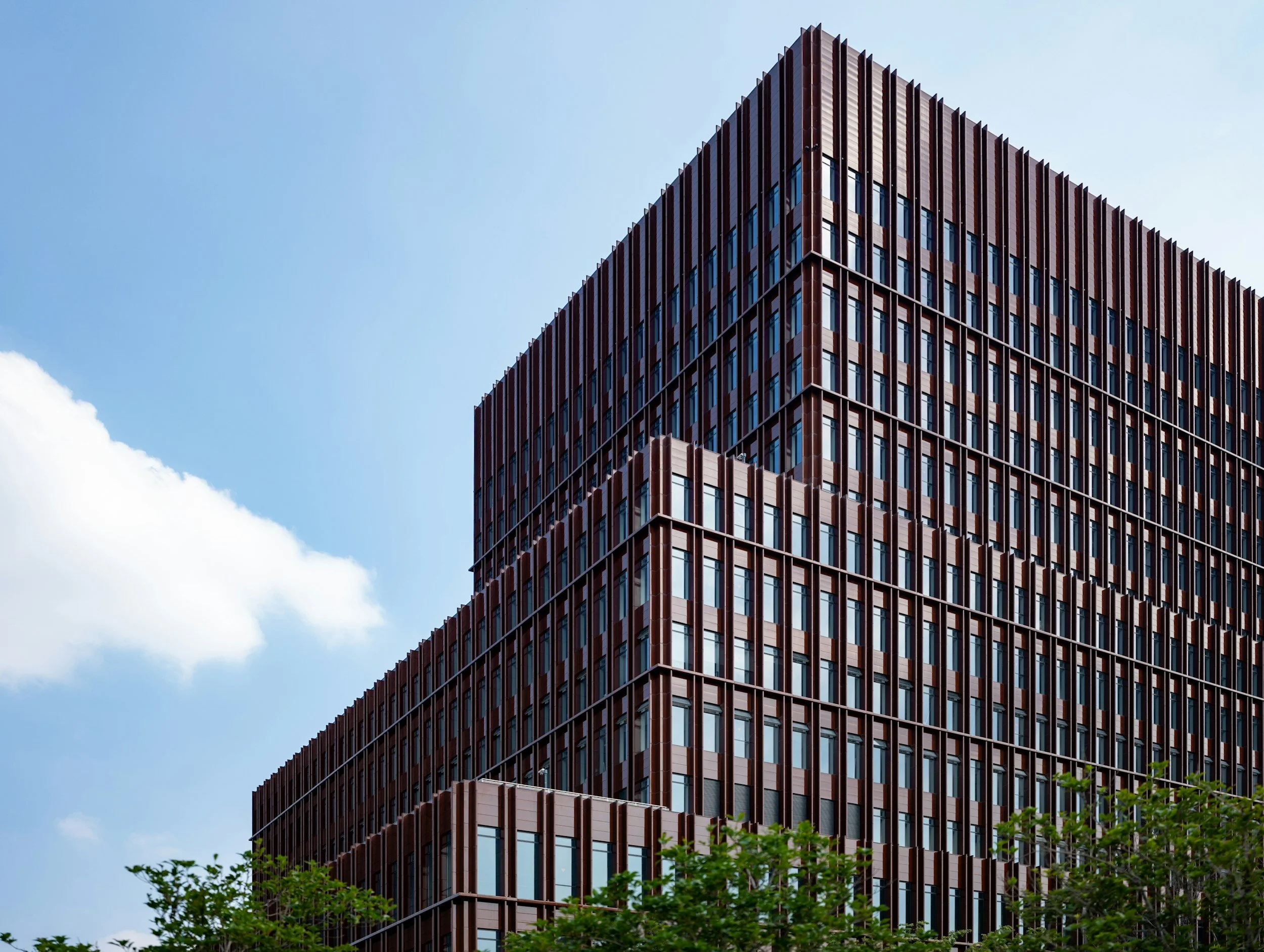 A modern multi-story building with a grid-patterned facade of glass and reddish-brown panels, against a blue sky with some clouds and green trees at the bottom