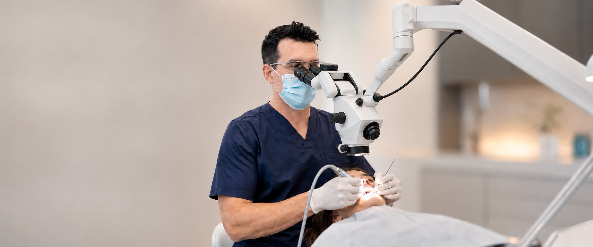 Specialist endodontist Dr Jason Bulmer treating a patient under a dental microscope at Northern Rivers Endodontics.