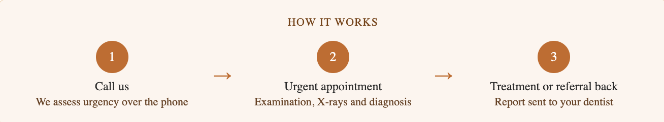 Step-by-step diagram explaining dental assessment process: step 1, call us for urgent evaluation; step 2, appointment for examination, X-rays, and diagnosis; step 3, treatment or referral, report sent to dentist.