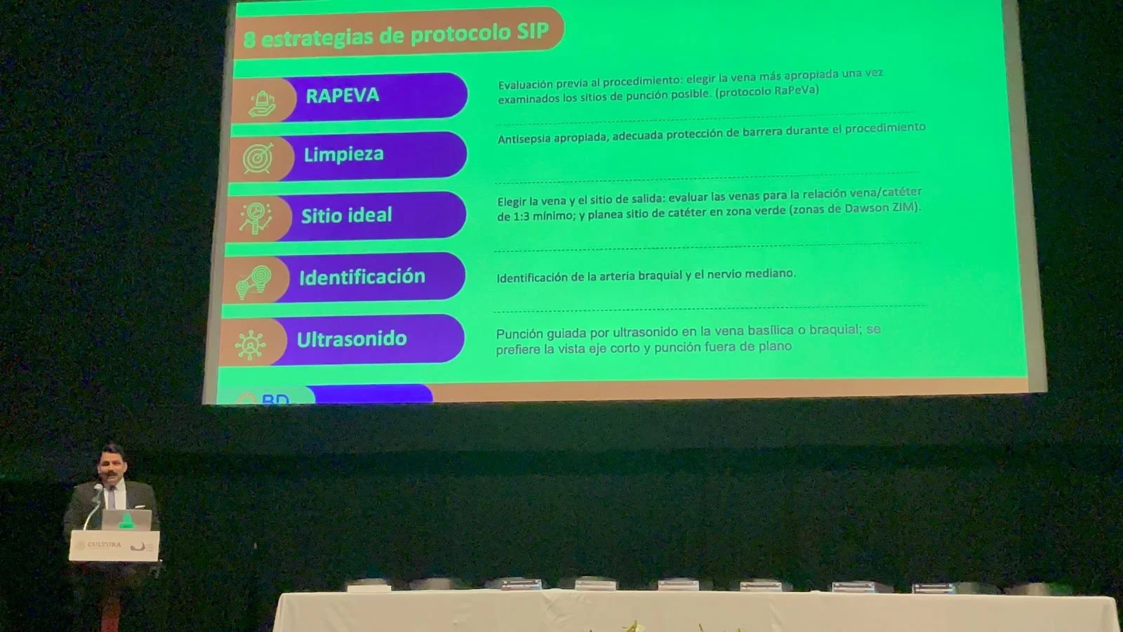 Diapositiva que presenta 8 estrategias de protocolo SIP, con diferentes iconos y texto explicativo, y una persona de pie en un podio en un escenario oscuro. ACÉRCATE Catéter PICC