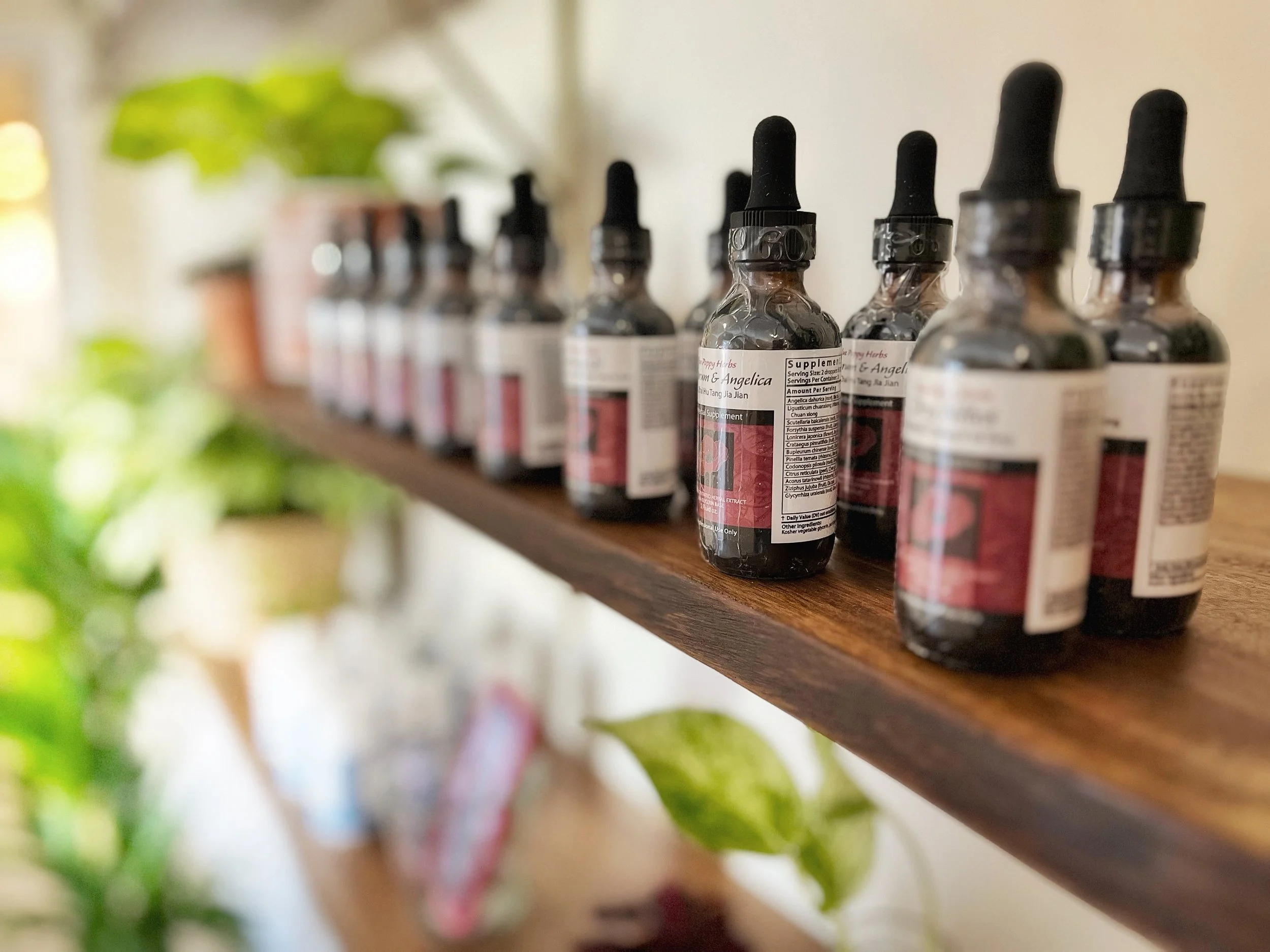 Herbal tinctures for sale displayed on wooden shelves at Sacred Lines Family Acupuncture in Asheville, NC, offering natural remedies to support family wellness.