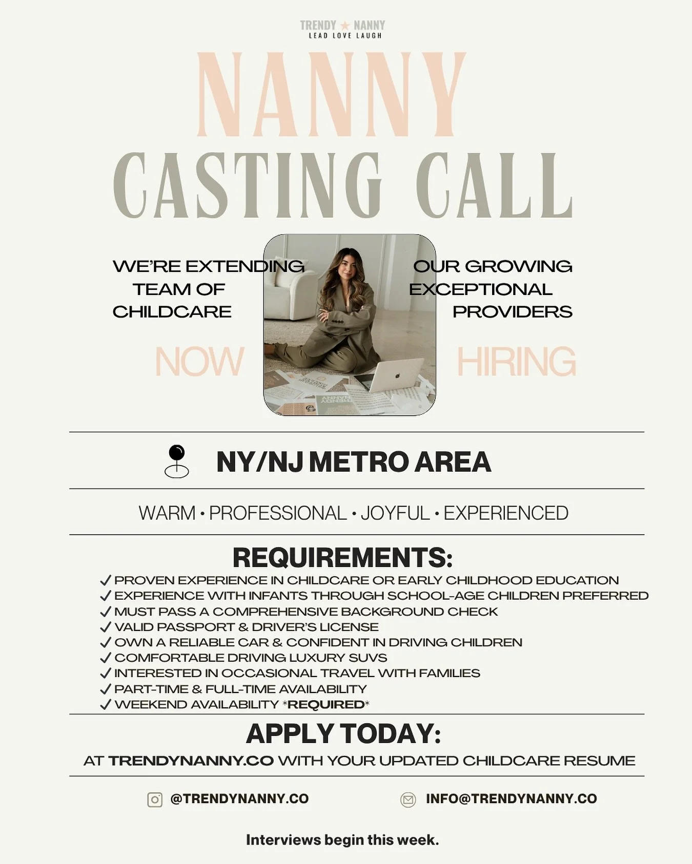 ✨We&rsquo;re Expanding Our Trendy Nanny Team✨
Warm, professional, and joyful childcare providers needed for our private families in the NY/NJ Metro Area.

💼 What We&rsquo;re Looking For:
&bull; Proven experience in childcare or early childhood educa