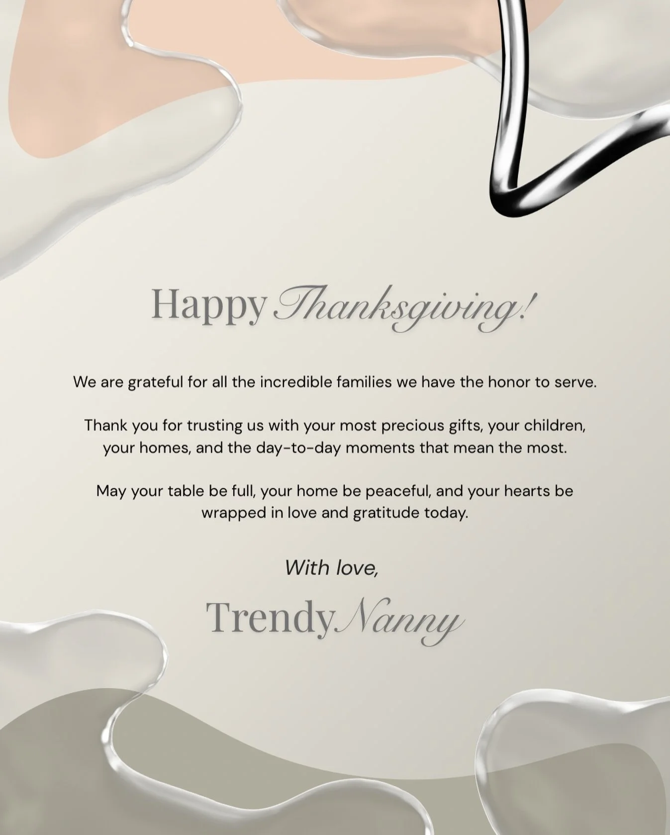 Happy Thanksgiving to our Trendy Nanny Families! We are deeply grateful for the families we serve, the little lives we help shape, and the trust you place in us every single day. 🍂✨

#TrendyNanny #ChildcareProfessional #ChildcareMatters InvestInTheF