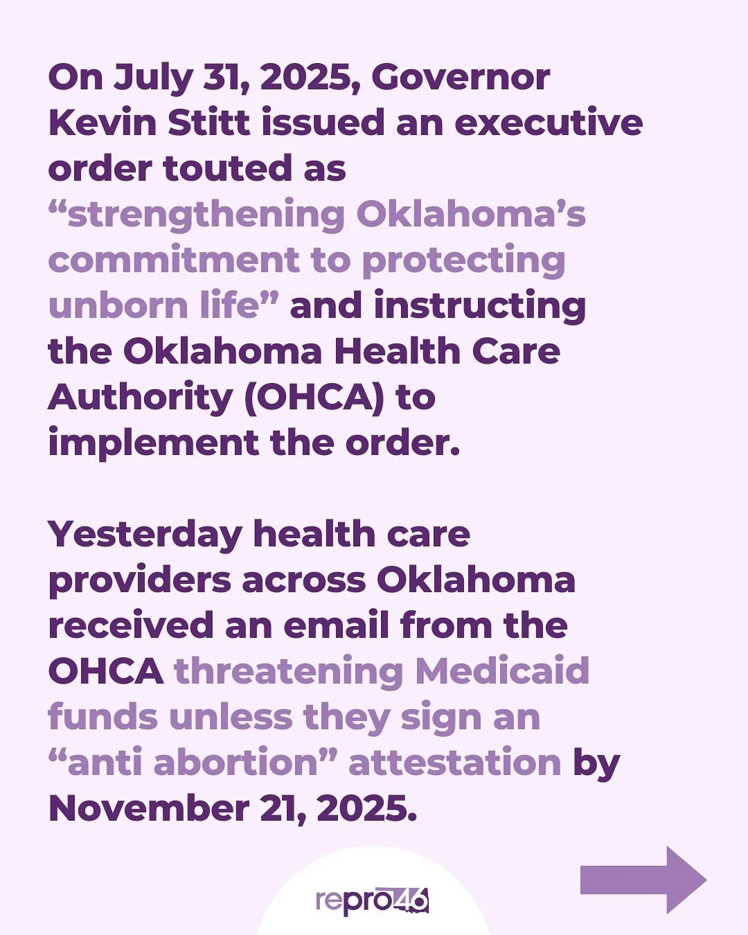 Oklahoma Medicaid providers received an email requiring an &ldquo;anti-abortion&rdquo; pledge. Remember: travel for abortion care is legal, self-managed abortion is not a crime, and advocacy is protected speech.

#repro46 #abortionishealthcare