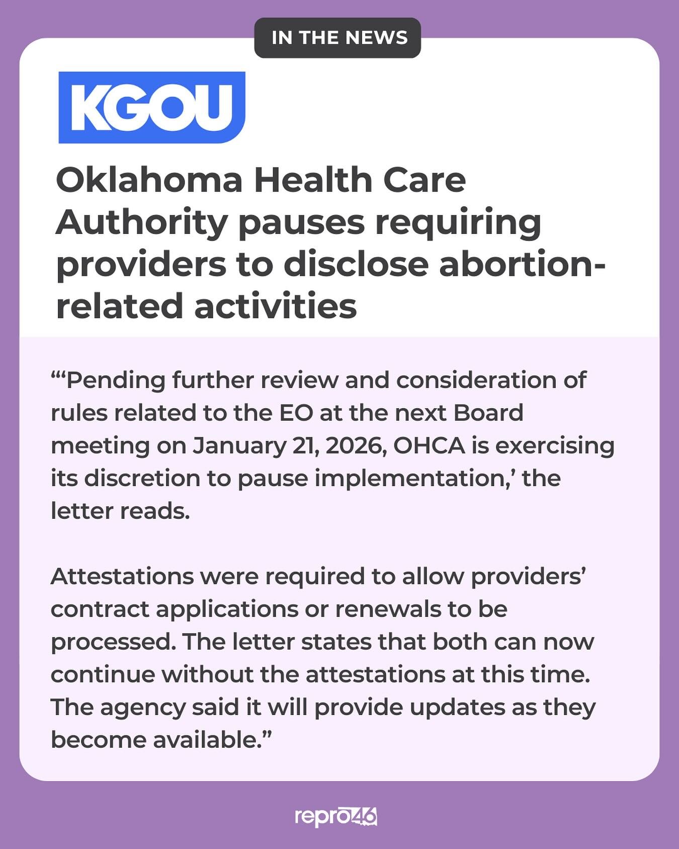 Thank you to the providers that have voiced concerns about Stitt&rsquo;s executive order. Thank you to the OHCA for listening. For now, providers will not be required to sign the attestation disclosing &ldquo;abortion related activities.&rdquo; We wi