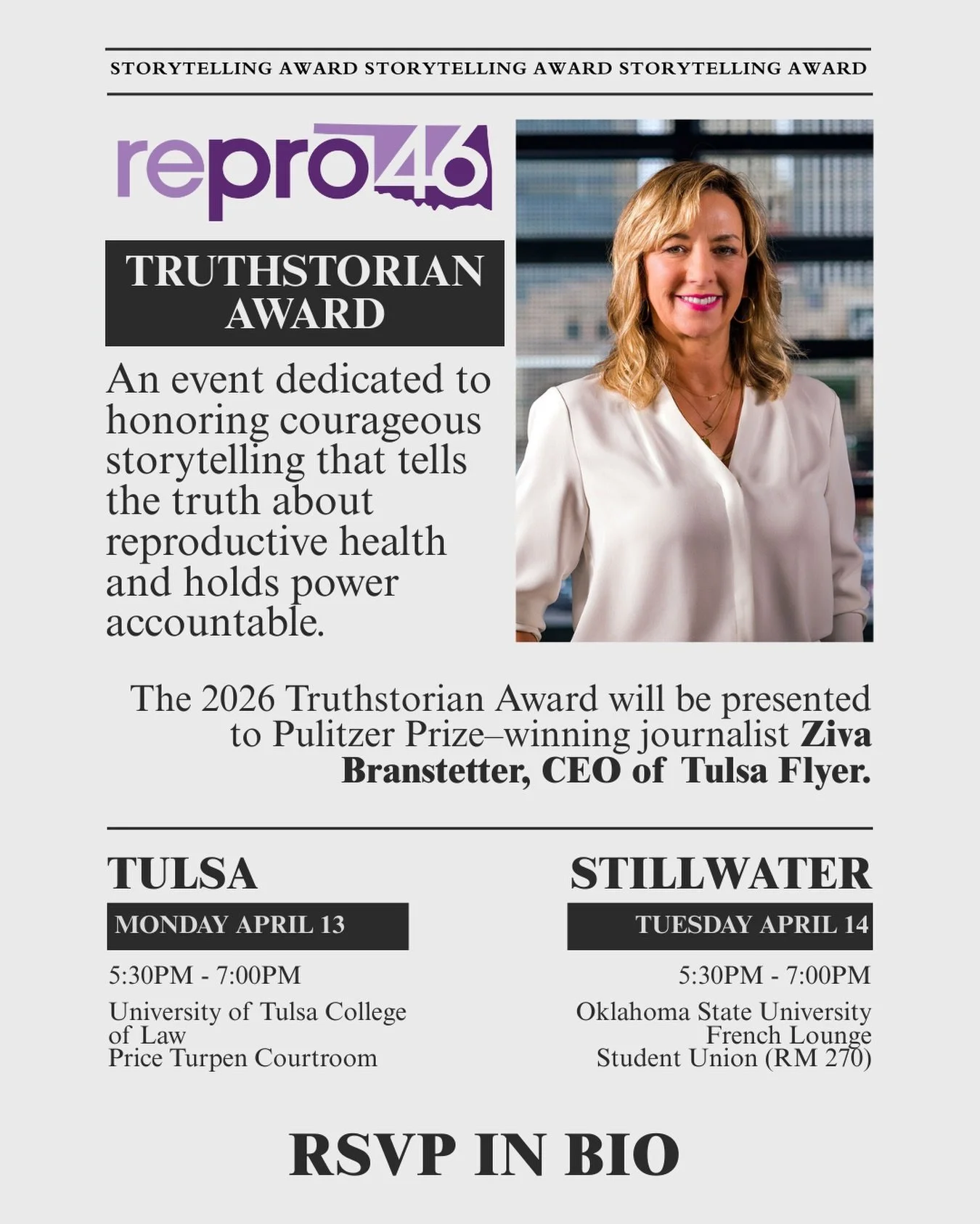 Join us for the inaugural Truthstorian Award &mdash; a new annual tradition that honors courageous storytelling in the realm of reproductive health. Our 2026 honoree is Ziva Branstetter, CEO of @thetulsaflyer.

Hear from Ziva on her @propublica team&