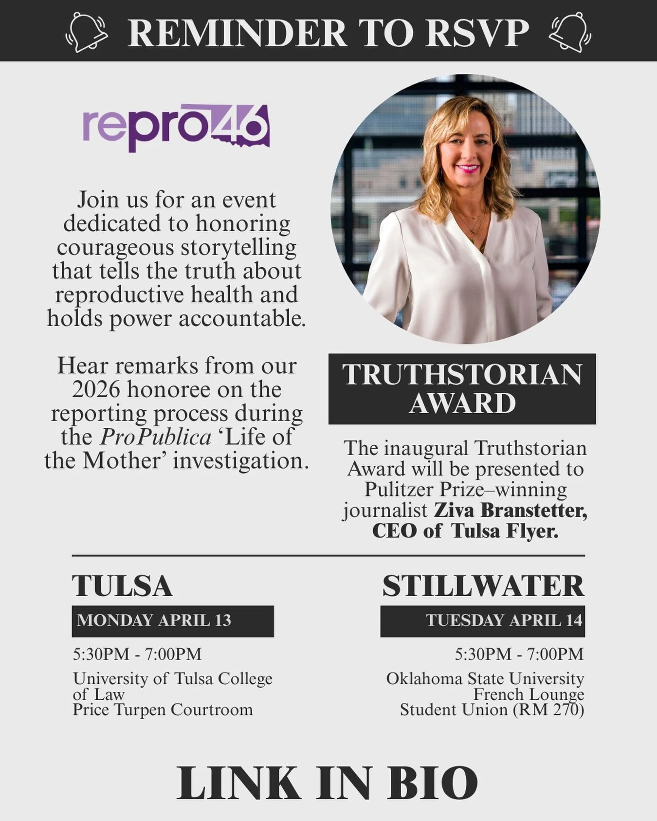 Reminder: RSVP for the inaugural Truthstorian Award &mdash; a tradition that honors courageous storytelling in the realm of reproductive health. Our 2026 honoree is Ziva Branstetter, CEO of @thetulsaflyer.

Hear from Ziva on her @propublica team&rsqu