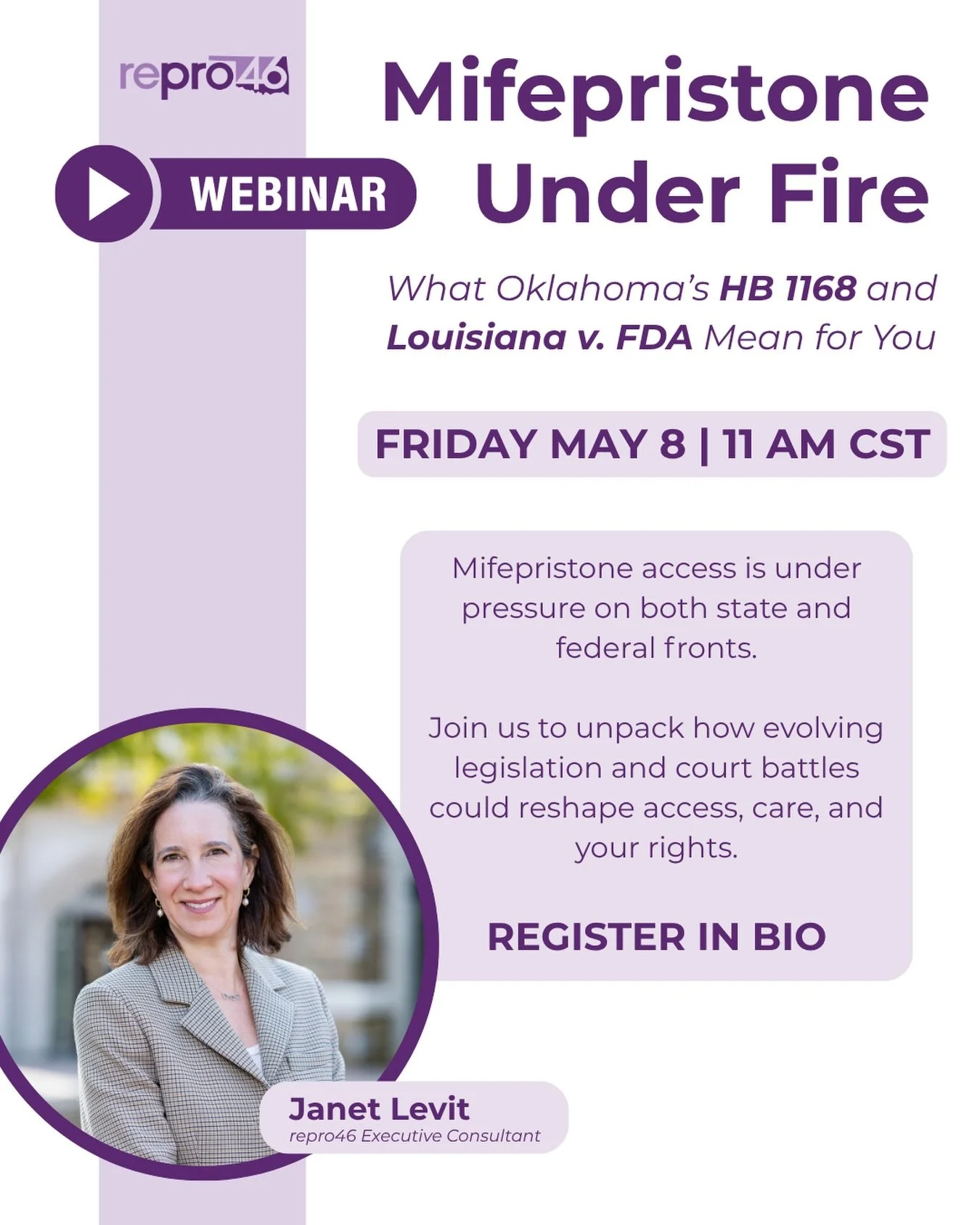 Join repro46 on Friday morning for a timely breakdown of what&rsquo;s happening regarding medication abortion access, in both Oklahoma and the United States, and what it could mean moving forward.

You will hear from Janet Levit, repro46 Executive Co