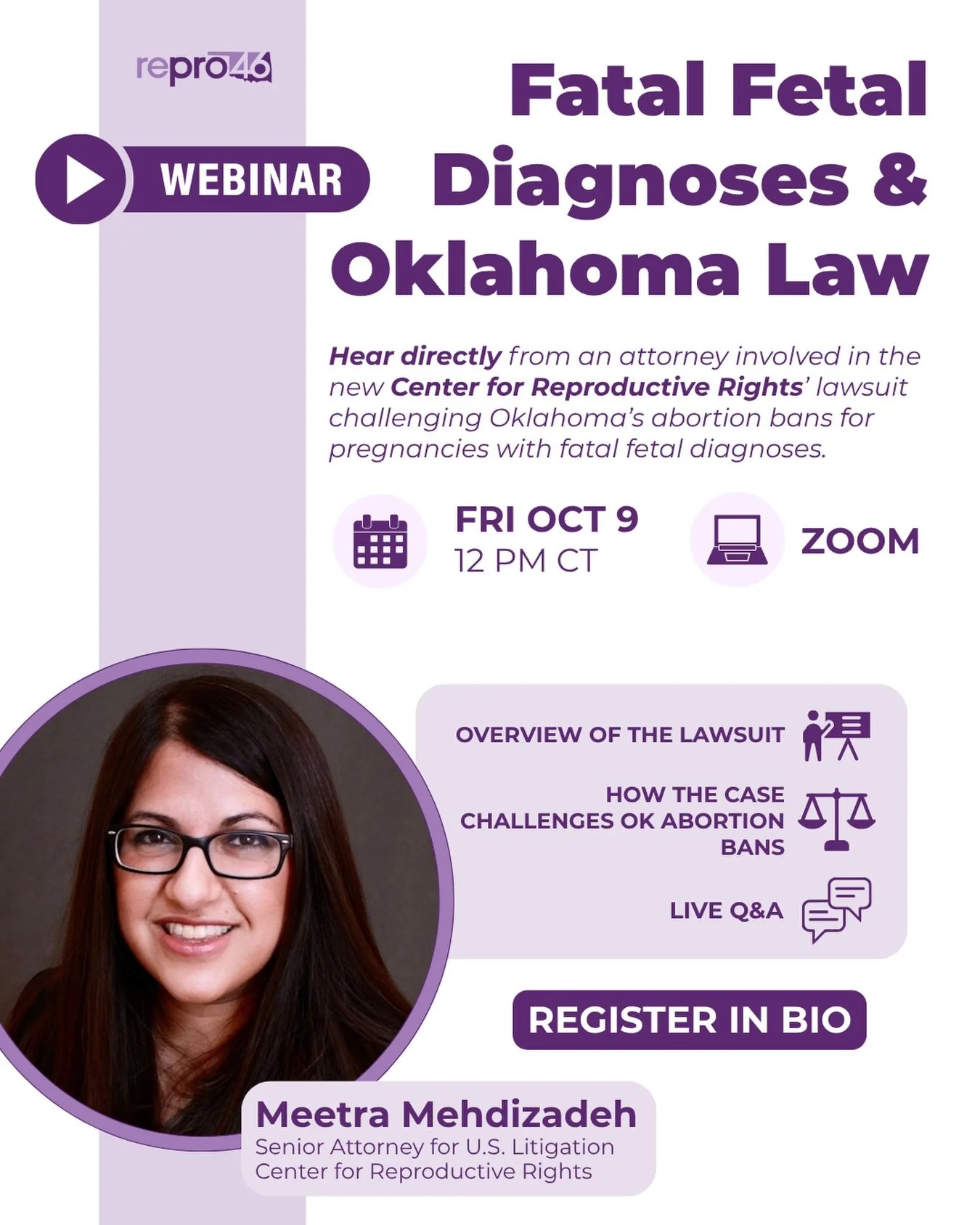 On Oct. 9, we&rsquo;re hosting a virtual conversation with Meetra Mehdizadeh, Senior Attorney for U.S. Litigation at the Center for Reproductive Rights @reprorights &amp; an attorney involved with the newest lawsuit against the state of Oklahoma.

He