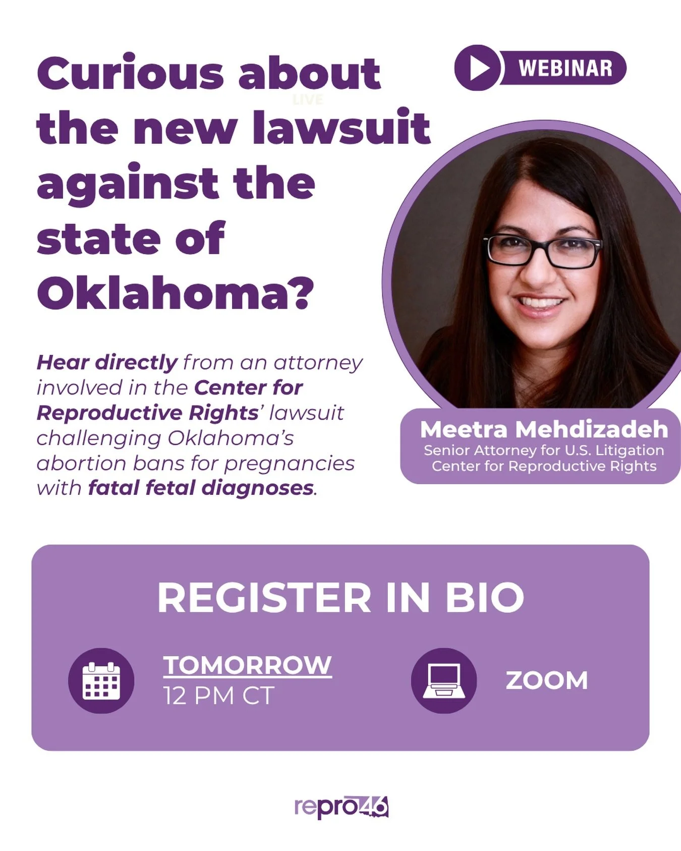 Tomorrow! Don&rsquo;t miss your opportunity to learn and ask questions with a @reprorights attorney involved with the new lawsuit against the state of Oklahoma. Registration is required, link in bio. 🔗
