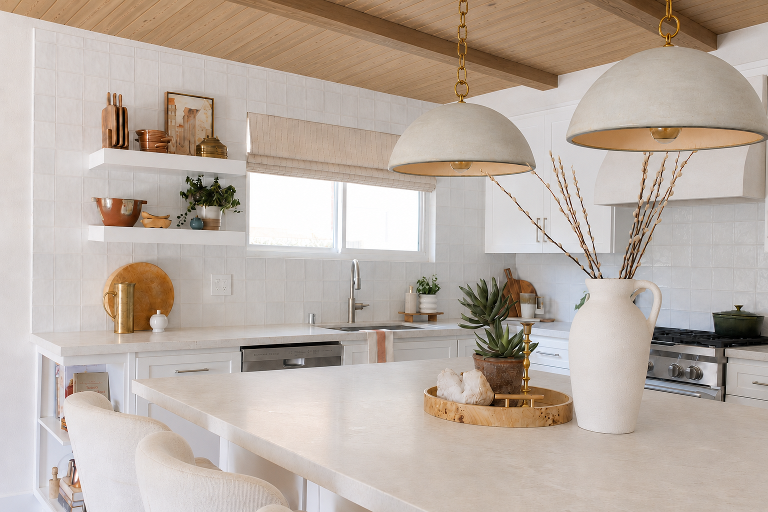 Bright coastal-modern kitchen with white cabinetry, white tile backsplash, light stone countertops, warm wood-paneled ceiling, brass-accented pendant lights, open shelving, and upholstered counter stools.