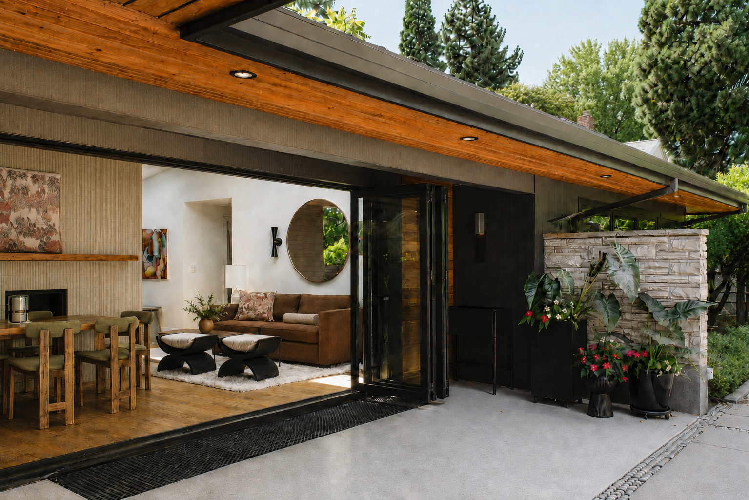 Mid-century modern indoor-outdoor living space with folding glass doors, warm wood ceilings, black architectural accents, vintage-inspired furnishings, lush greenery, and a covered patio.